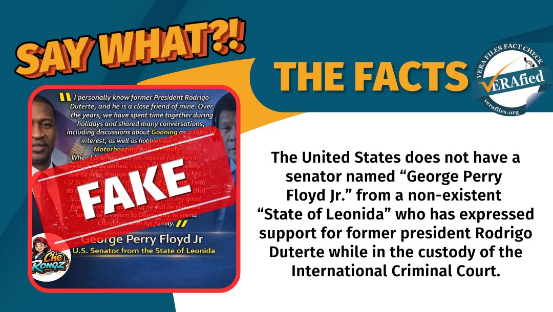 The United States does not have a senator named “George Perry Floyd Jr.” from a non-existent “State of Leonida” who has expressed support for former president Rodrigo Duterte while in the custody of the International Criminal Court.