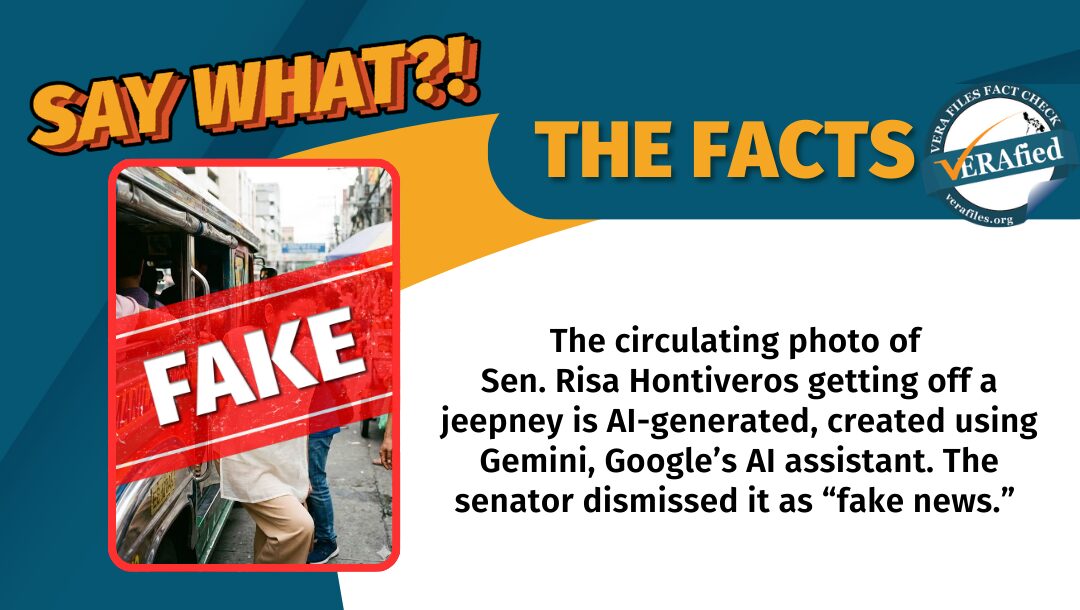 The circulating photo of Sen. Risa Hontiveros getting off a jeepney is AI-generated, created using Gemini, Google’s AI assistant. The senator dismissed it as “fake news.” 