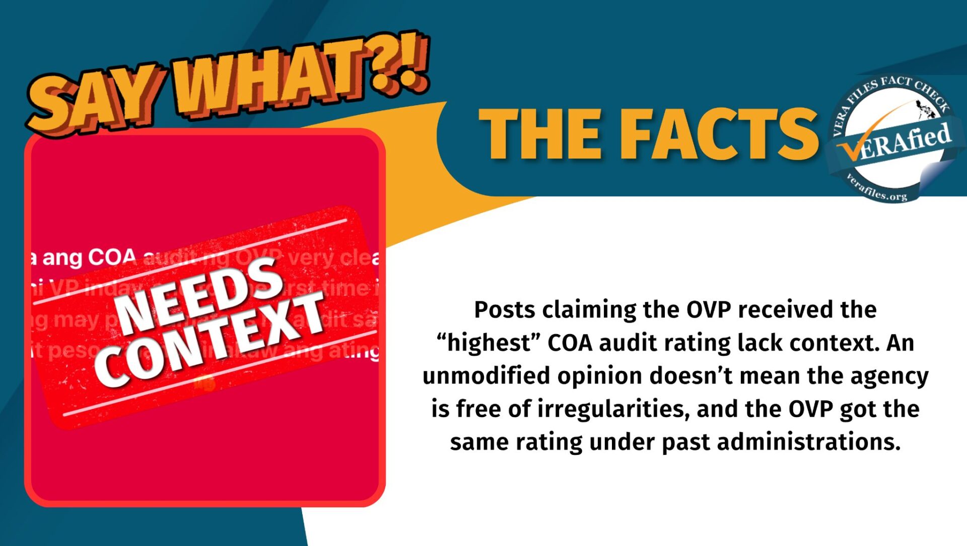 Posts claiming the OVP received the “highest” COA audit rating lack context. An unmodified opinion doesn’t mean the agency is free of irregularities, and the OVP got the same rating under past administrations.