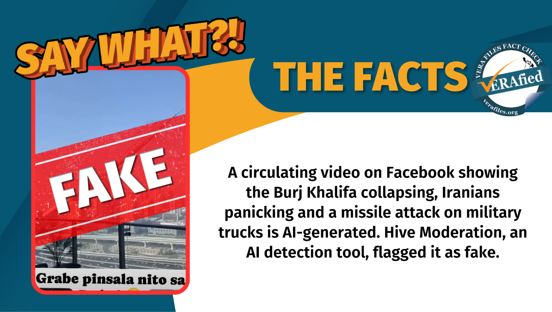 A circulating video on Facebook showing the Burj Khalifa collapsing, Iranians panicking and a missile attack on military trucks is AI-generated. Hive Moderation, an AI detection tool, flagged it as fake.
