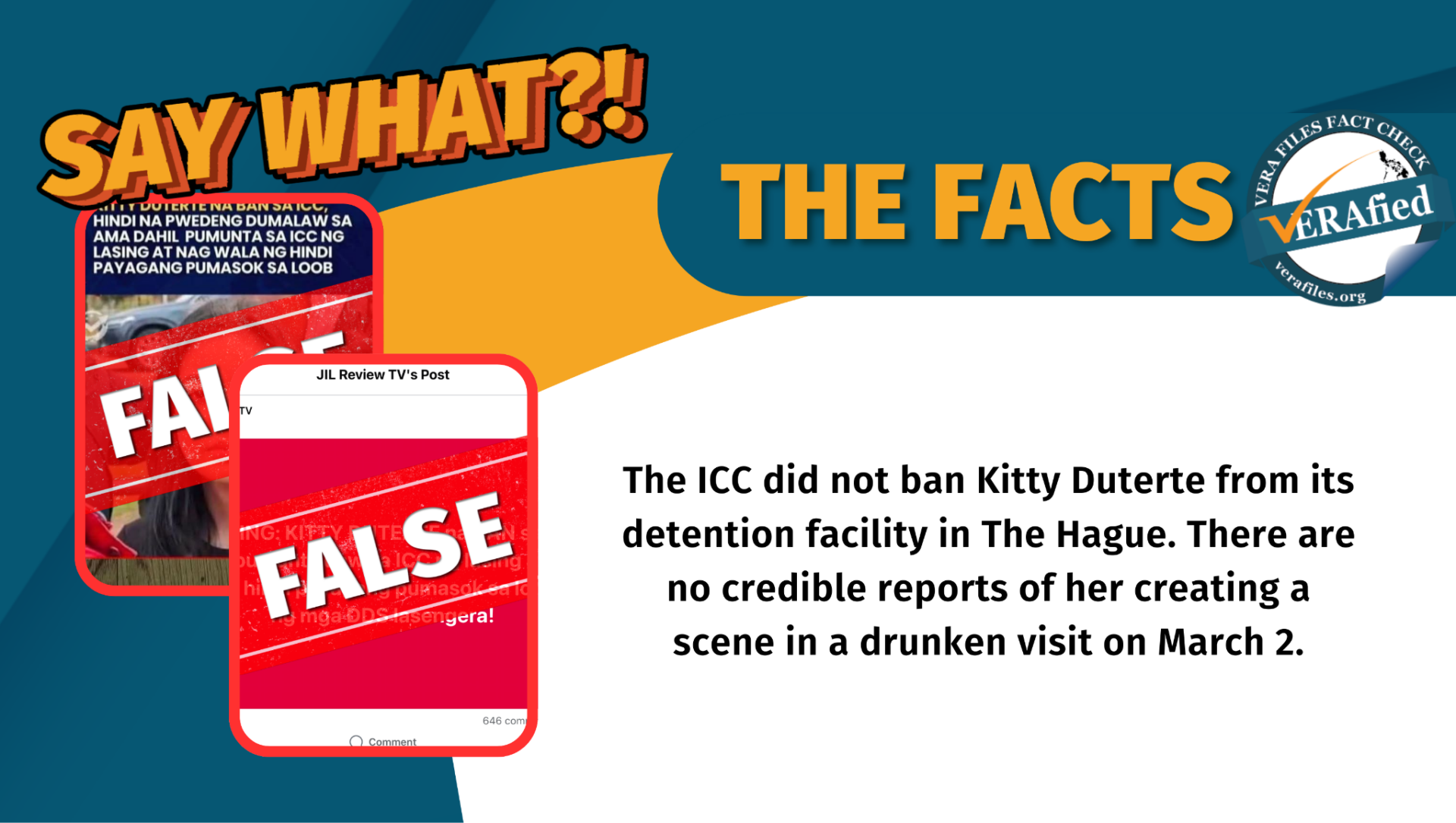 The ICC did not ban Kitty Duterte from its detention facility in The Hague. There are no credible reports of her creating a scene in a drunken visit on March 2.