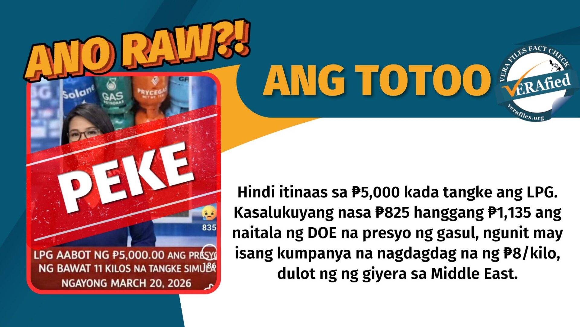 Hindi itinaas sa ₱5,000 kada tangke ang LPG. Kasalukuyang nasa ₱825 hanggang ₱1,135 ang naitala ng DOE na presyo ng gasul, ngunit may isang kumpanya na nagdagdag na ng ₱8/kilo, dulot ng ng giyera sa Middle East.