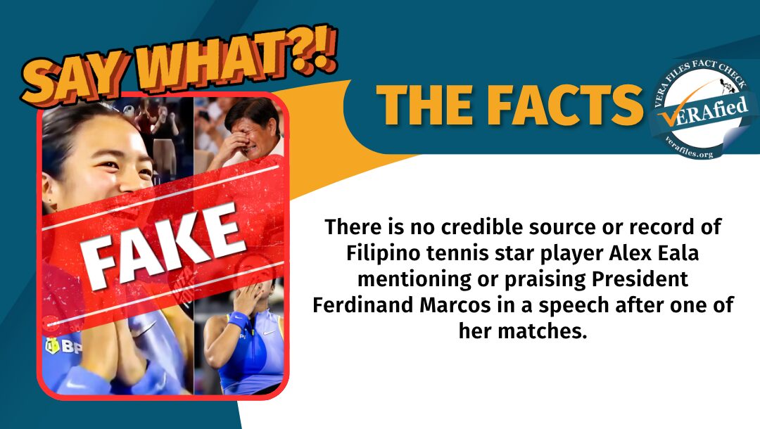 There is no credible source or record of Filipino tennis star player Alex Eala mentioning or praising President Ferdinand Marcos in a speech after one of her matches.