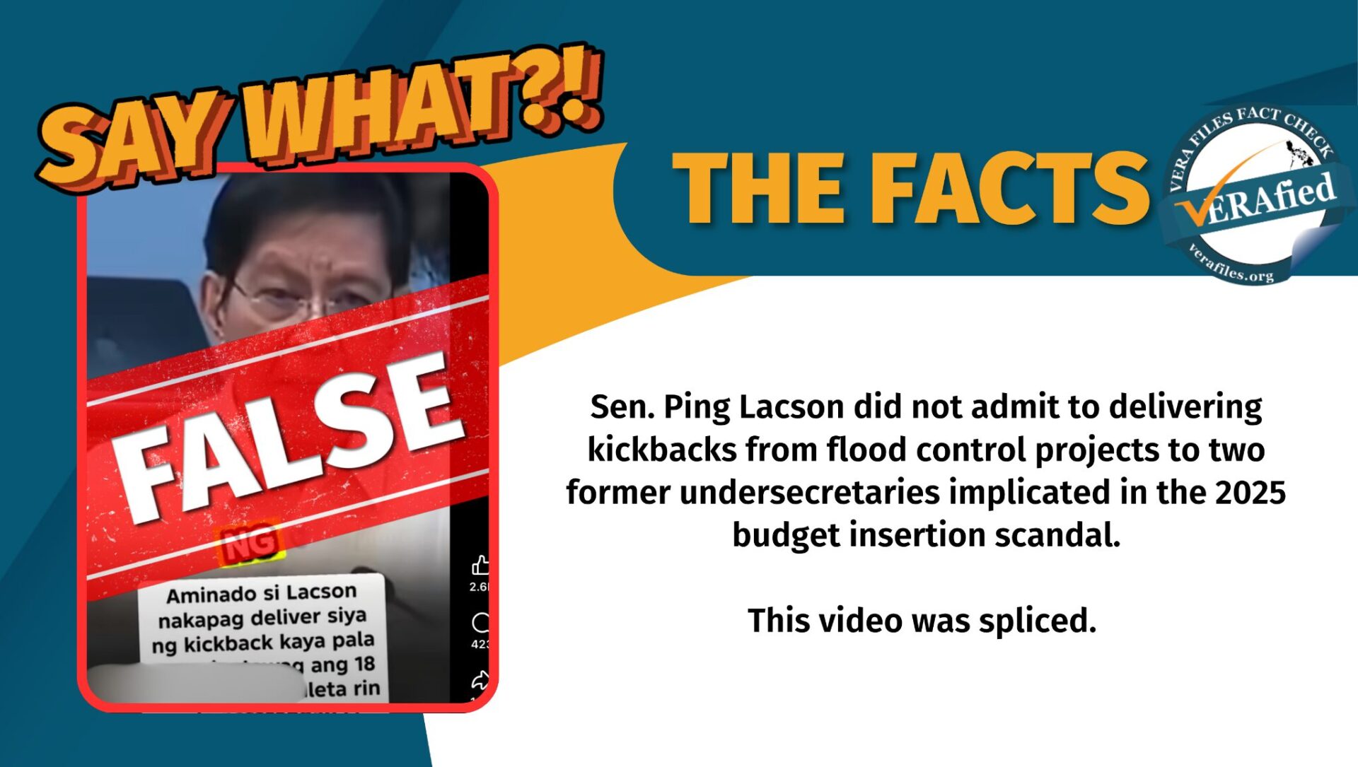 Sen. Ping Lacson did not admit to delivering kickbacks from flood control projects to two former undersecretaries implicated in the 2025 budget insertion scandal. This video was spliced.
