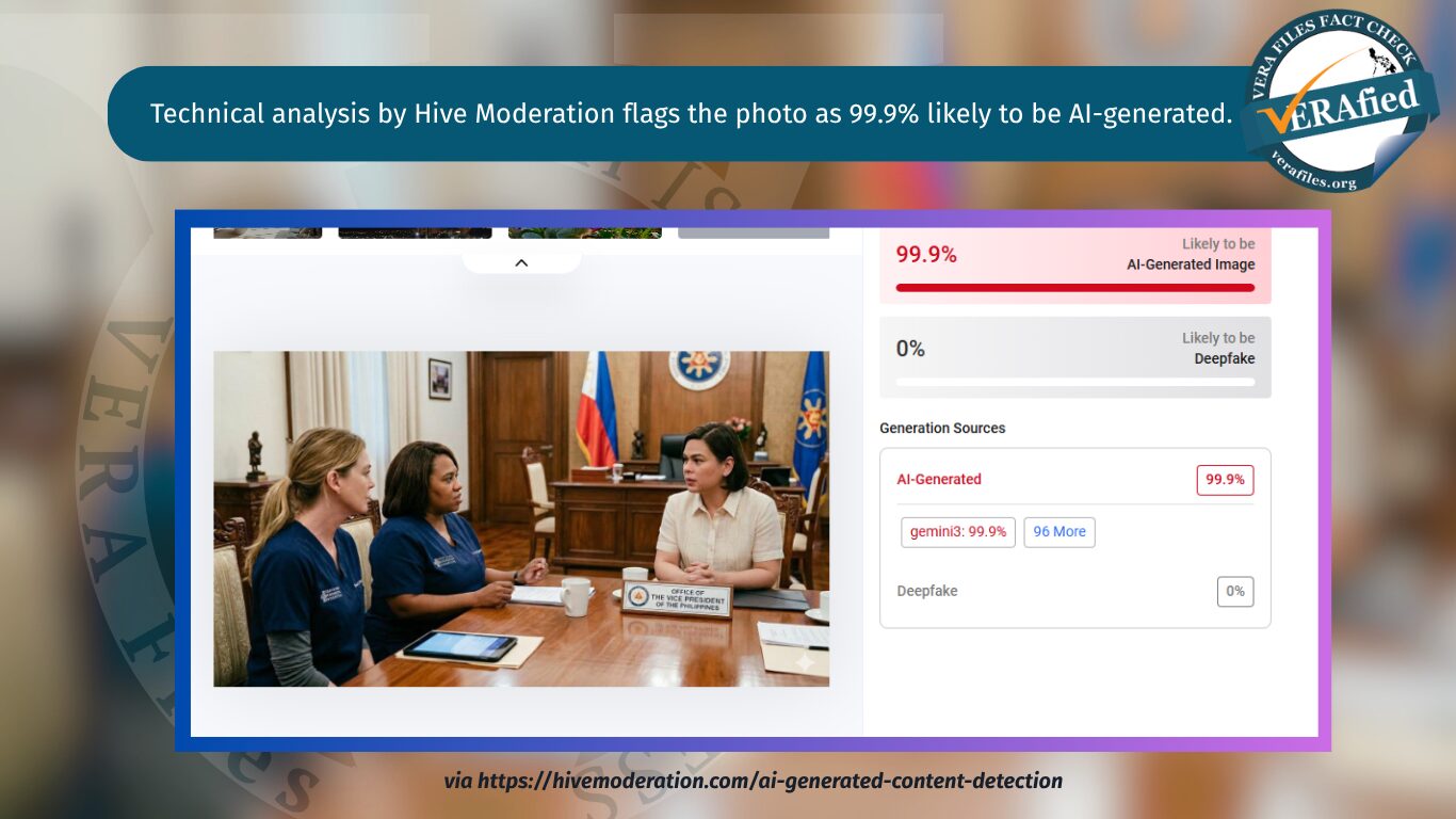 Analysis using Hive Moderation, a tool that detects AI-generated or deepfake content, has flagged the image with a 99.9% likelihood of being AI-generated.