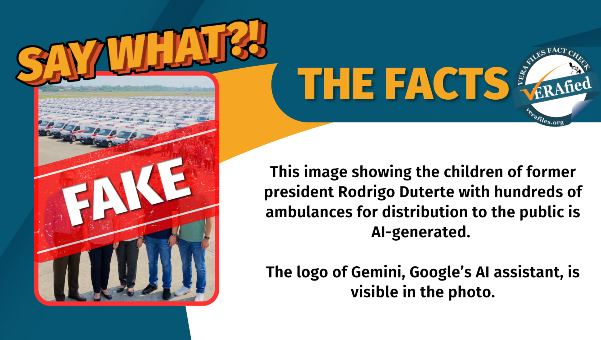 This image showing the children of former president Rodrigo Duterte with hundreds of ambulances for distribution to the public is AI-generated. The logo of Gemini, Google’s AI assistant, is visible in the photo.