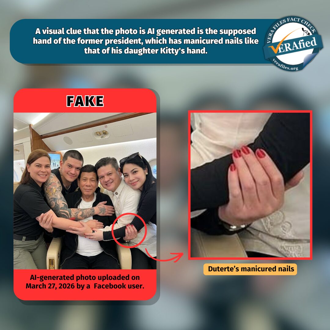 A visual clue that the photo is AI generated is the supposed hand of the former president, which has manicured nails like that of his daughter Kitty's hand.