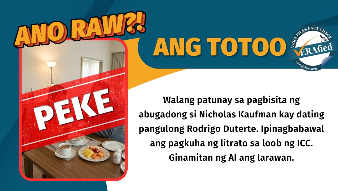Walang patunay sa pagbisita ng abugadong si Nicholas Kaufman kay dating pangulong Rodrigo Duterte. Ipinagbabawal ang pagkuha ng litrato sa loob ng ICC. Ginamitan ng AI ang larawan.