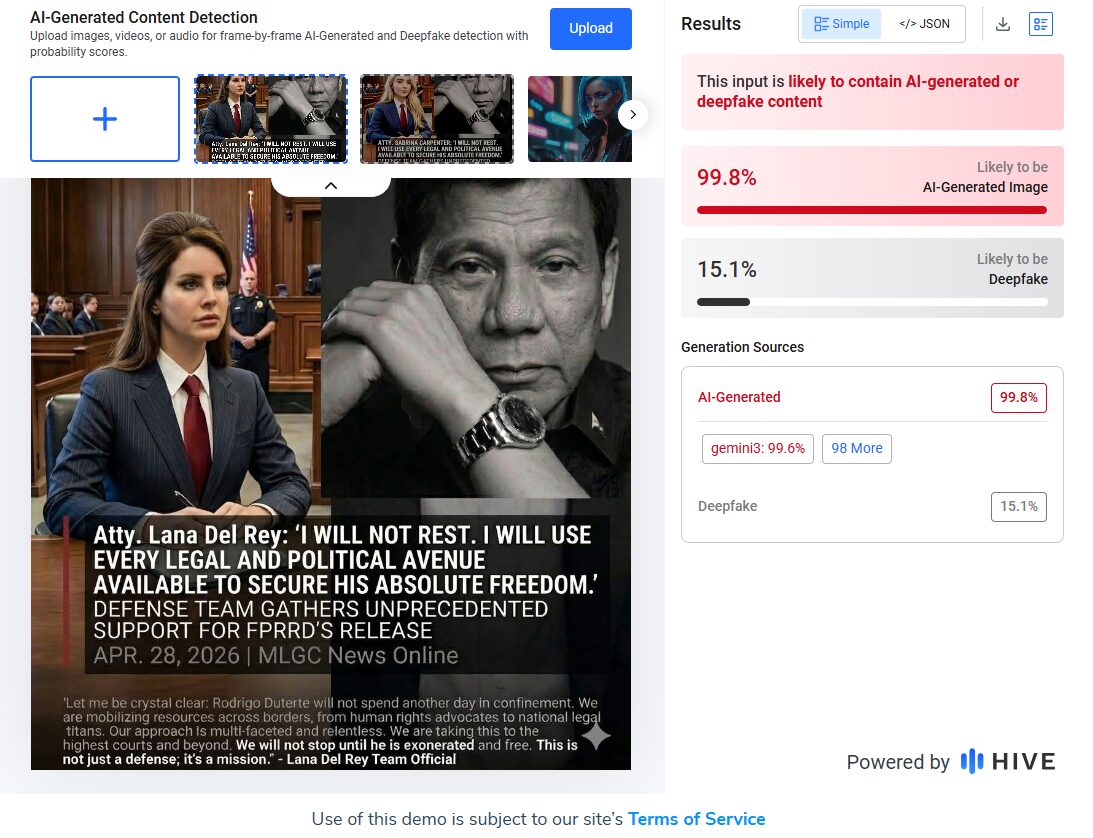 When VERA Files Fact-Check analyzed these graphics using Hive Moderation AI Detection tool, they showed a 99.8% likelihood of being AI-generated. The diamond logo on the lower-right corner indicates that they were likely created using Google Gemini.