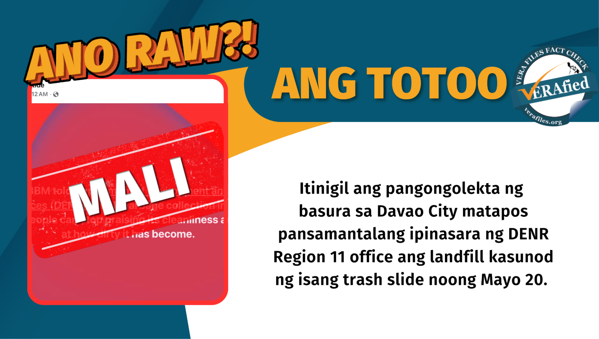 Itinigil ang pangongolekta ng basura sa Davao City matapos pansamantalang ipinasara ng DENR Region 11 office ang landfill kasunod ng isang trash slide noong Mayo 20. 
