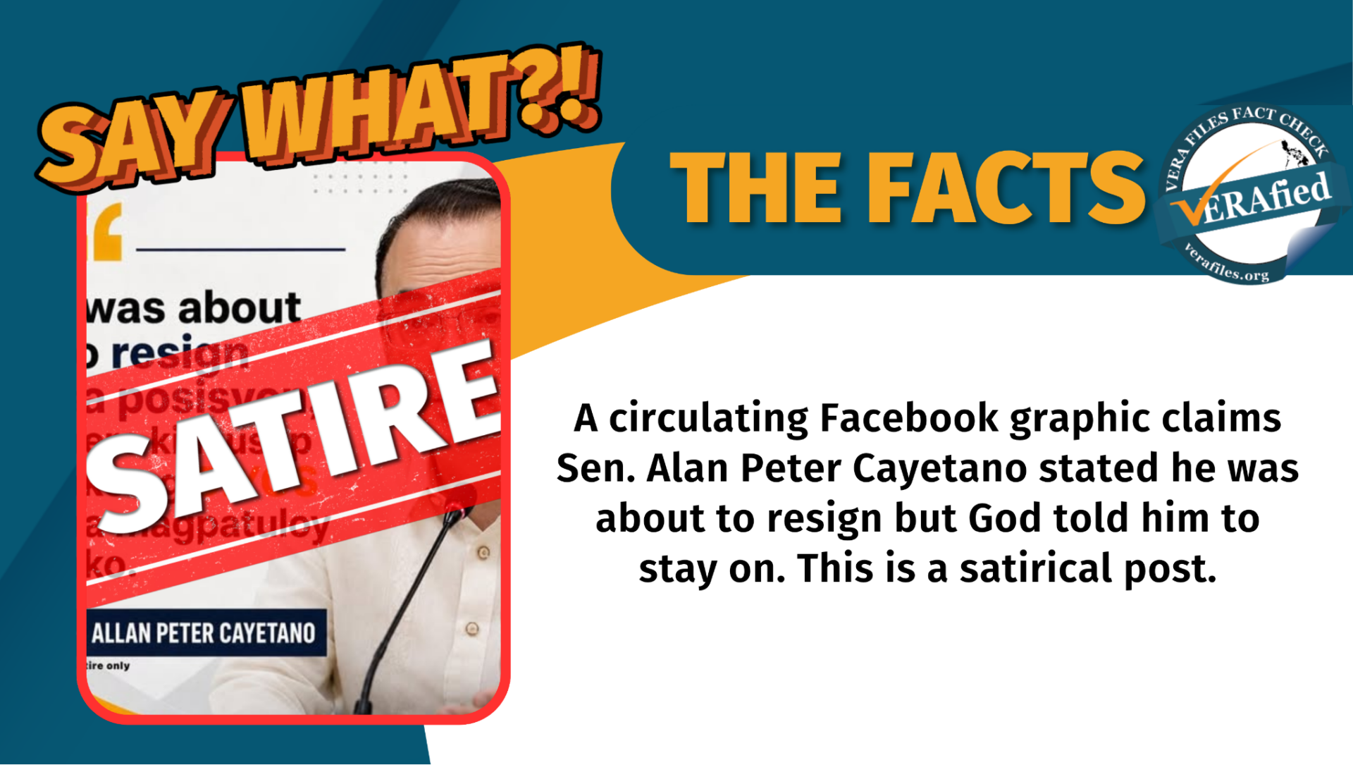 A circulating Facebook graphic claims Sen. Alan Peter Cayetano stated he was about to resign but God told him to stay on. This is a satirical post. 