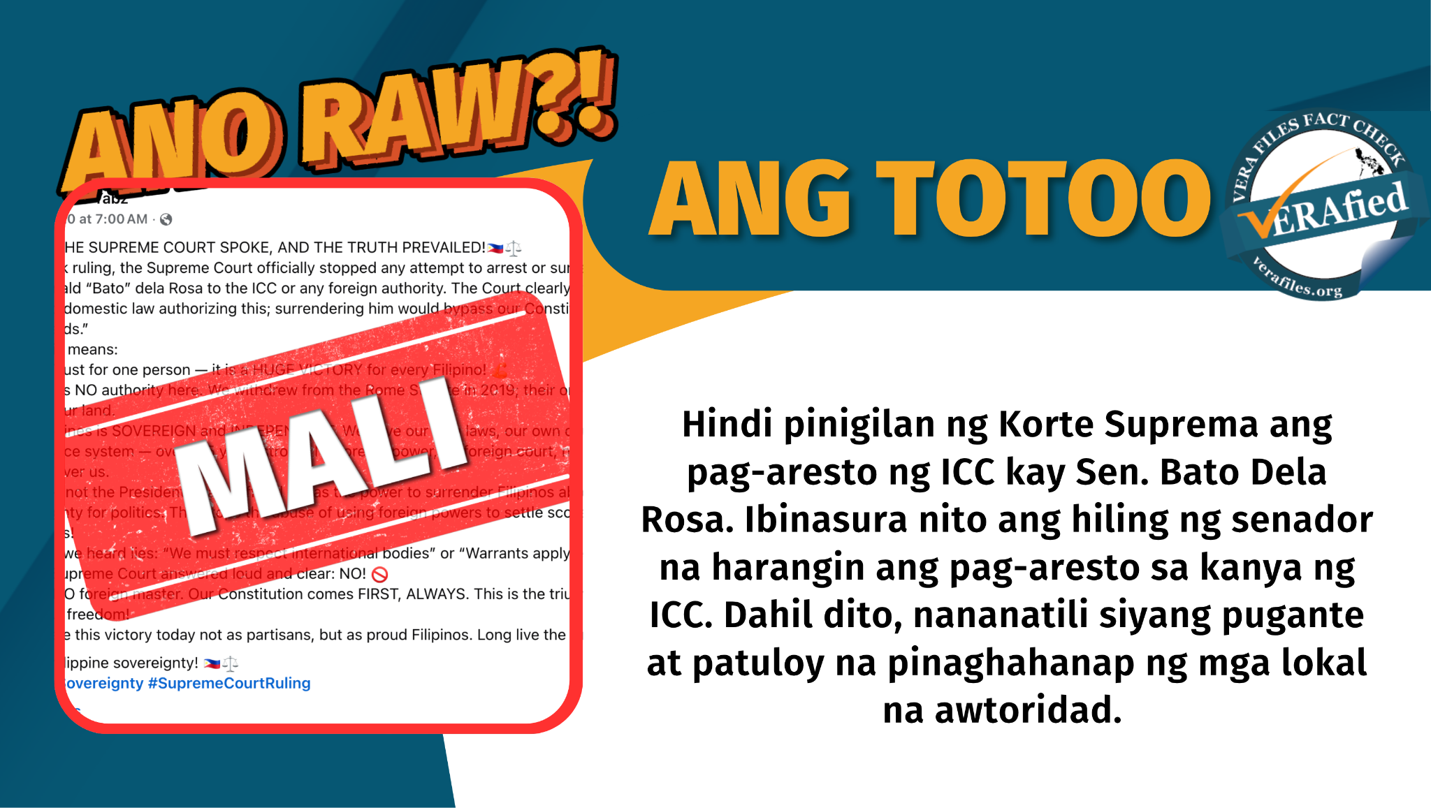 Hindi pinigilan ng Korte Suprema ang pag-aresto ng ICC kay Sen. Bato Dela Rosa. Ibinasura nito ang hiling ng senador na harangin ang pag-aresto sa kanya ng ICC. Dahil dito, nananatili siyang pugante at patuloy na pinaghahanap ng mga lokal na awtoridad.
