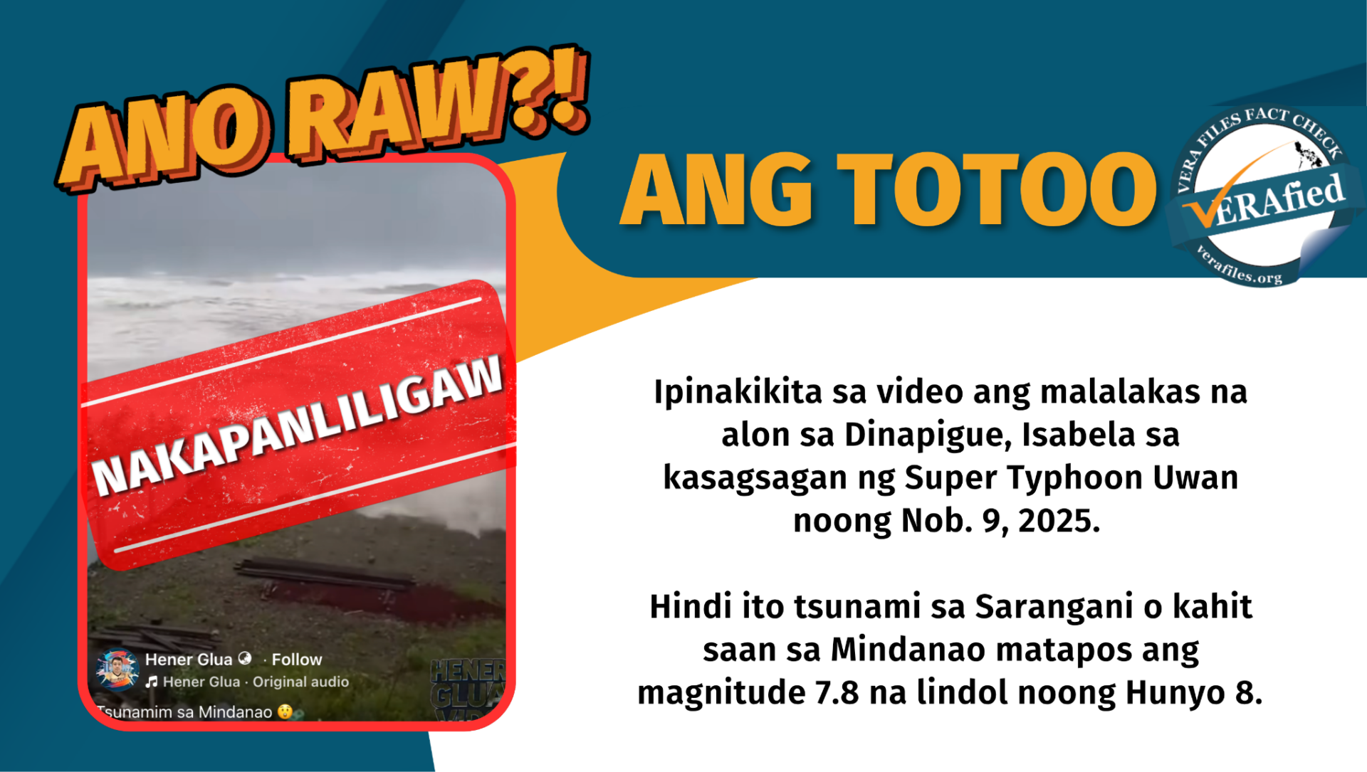 Ipinakikita sa video ang malalakas na alon sa Dinapigue, Isabela sa kasagsagan ng Super Typhoon Uwan noong Nob. 9, 2025. Hindi ito tsunami sa Sarangani o kahit saan sa Mindanao matapos ang magnitude 7.8 na lindol noong Hunyo 8.