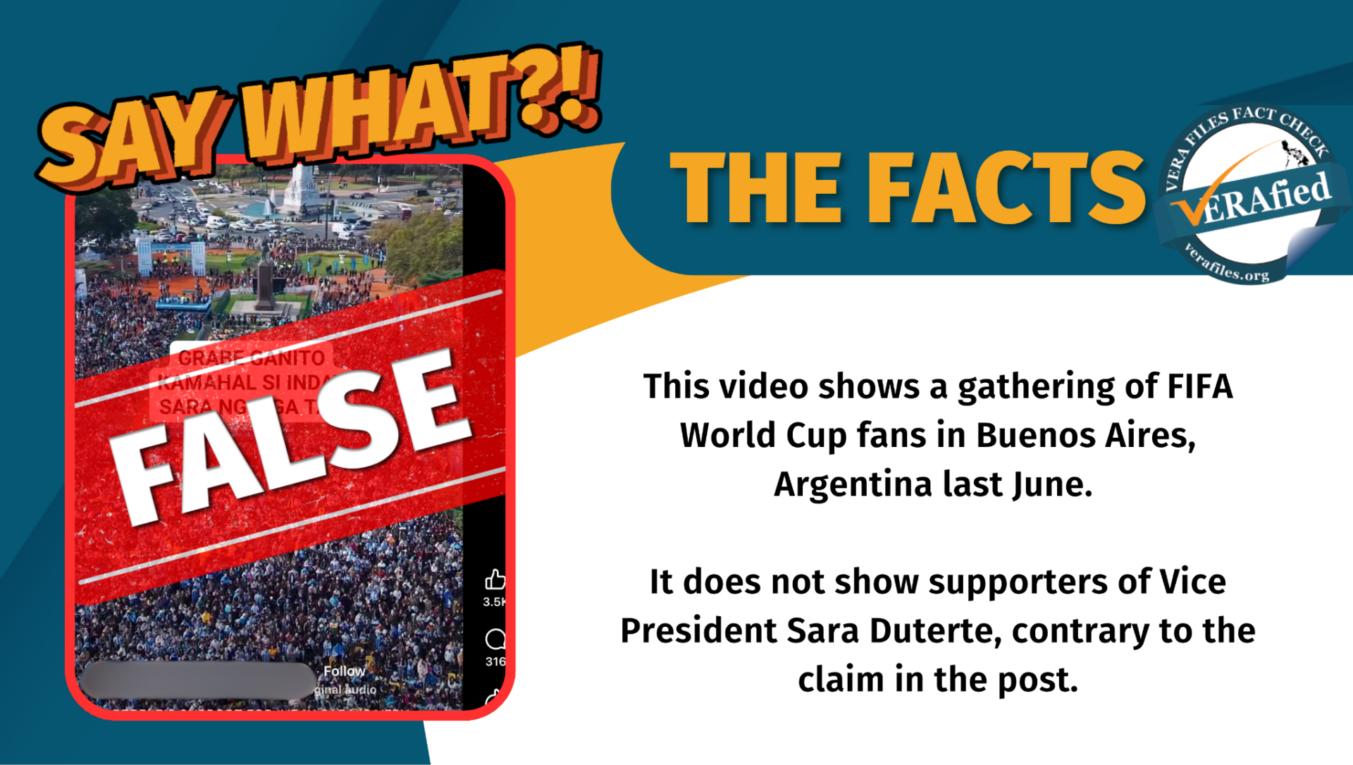This video shows a gathering of FIFA World Cup fans in Buenos Aires, Argentina last June. It does not show supporters of Vice President Sara Duterte, contrary to the claim in the post. 