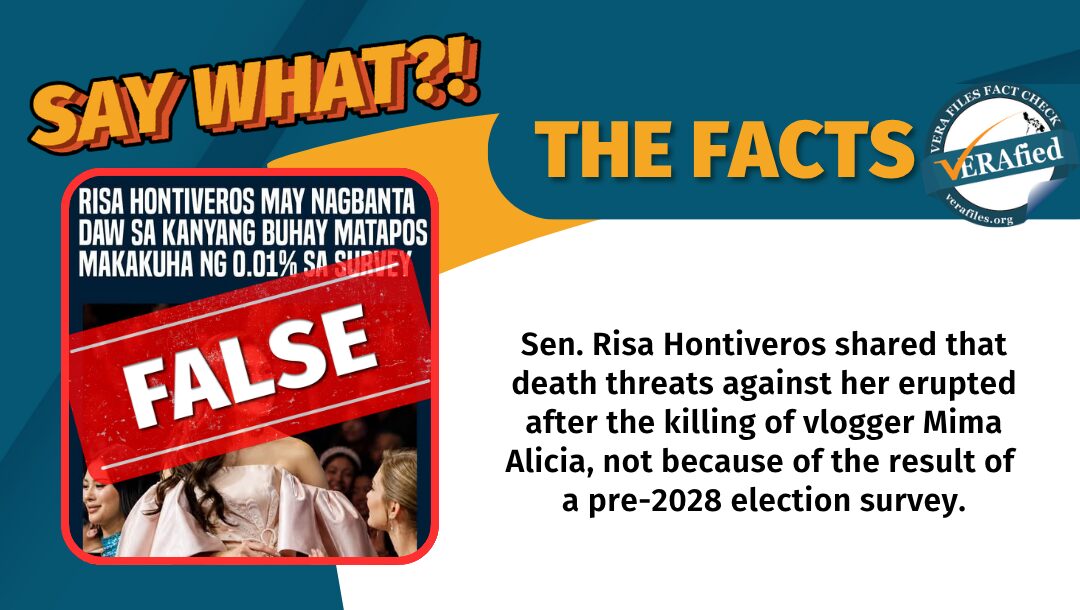 Sen. Risa Hontiveros shared that death threats against her erupted after the killing of vlogger Mima Alicia, not because of the result of a pre-2028 election survey.