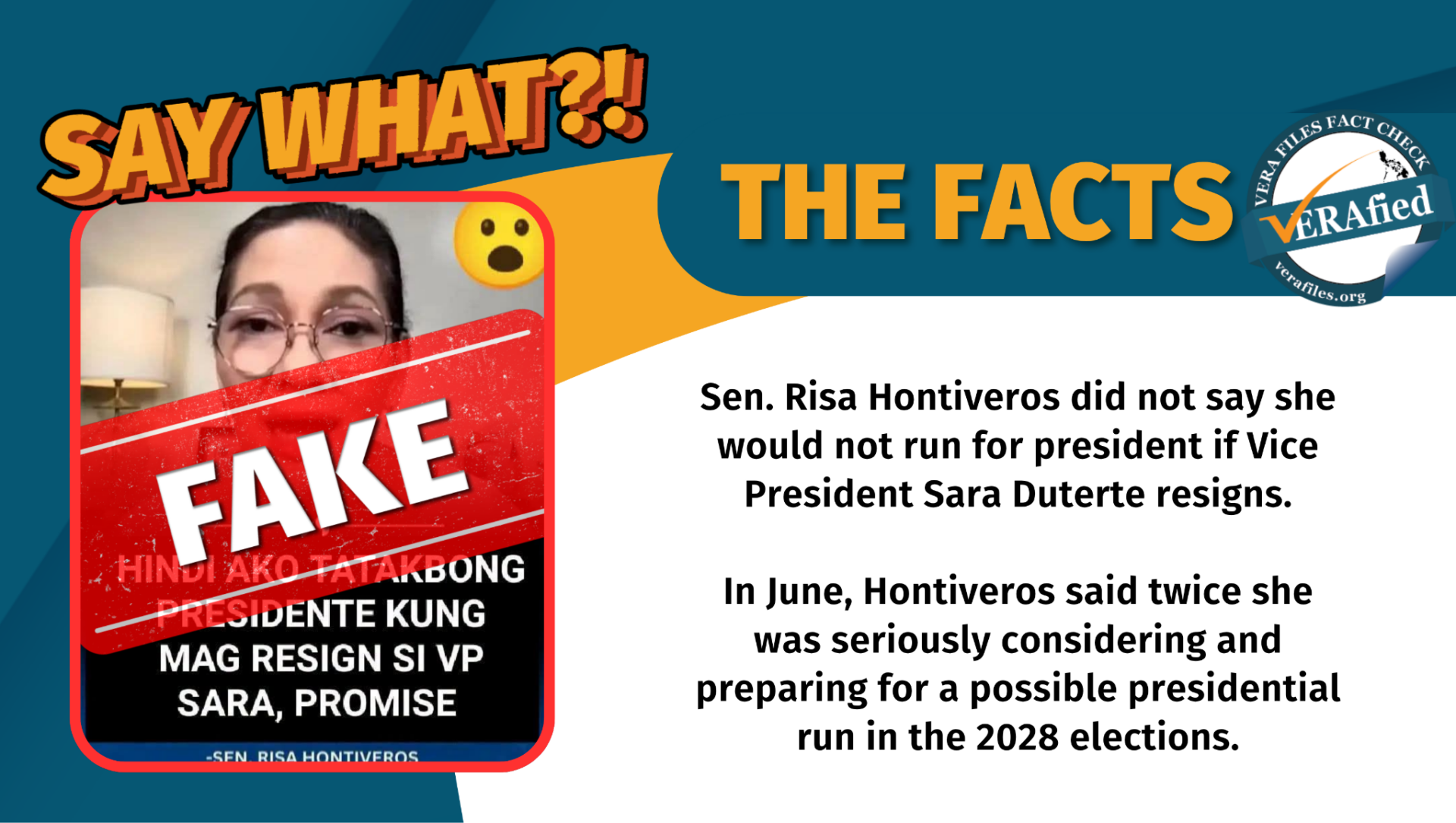 Sen. Risa Hontiveros did not say she would not run for president if Vice President Sara Duterte resigns. In June, Hontiveros said twice she was seriously considering and preparing for a possible presidential run in the 2028 elections.