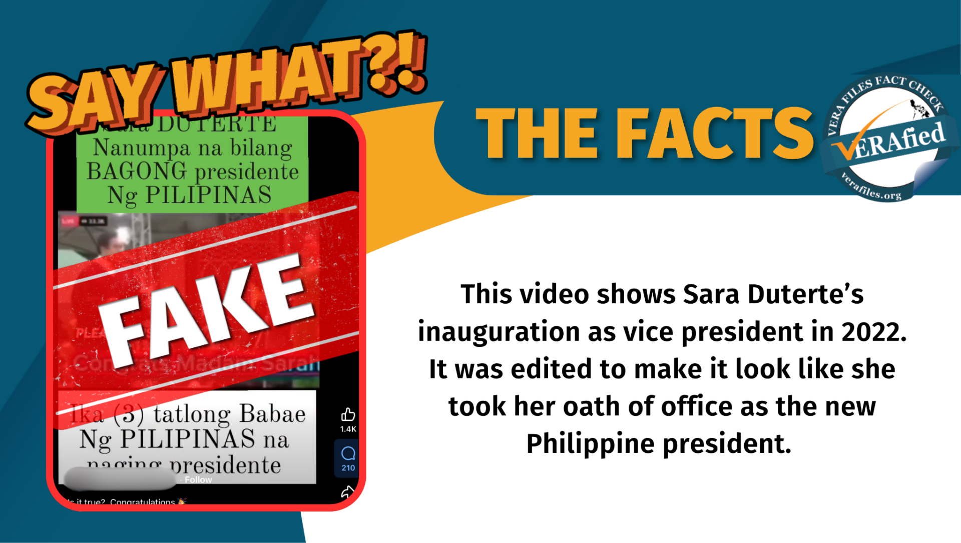 This video shows Sara Duterte’s inauguration as vice president in 2022. It was edited to make it look like she took her oath of office as the new Philippine president. 