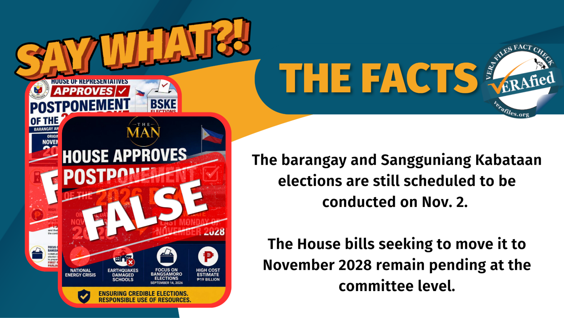 The barangay and Sangguniang Kabataan elections are still scheduled to be conducted on Nov. 2. The House bills seeking to move it to November 2028 remain pending at the committee level.