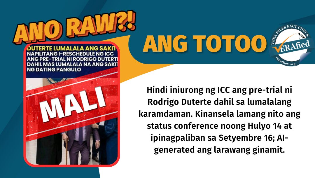Hindi iniurong ng ICC ang pre-trial ni Rodrigo Duterte dahil sa lumalalang karamdaman. Kinansela lamang nito ang status conference noong Hulyo 14 at ipinagpaliban sa Setyembre 16; AI-generated ang larawang ginamit.