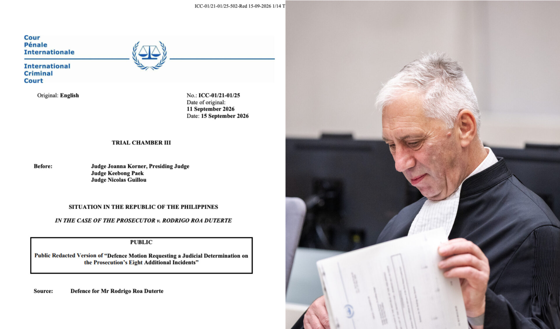 Duterte defense challenges addition of 8 incidents sourced from Trillanes to ICC trial brief
