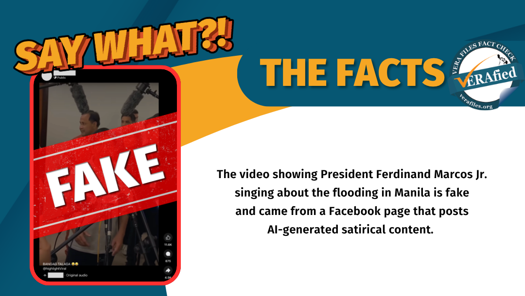 The video showing President Ferdinand Marcos Jr. singing about the flooding in Manila is fake and came from a Facebook page that posts AI-generated satirical content.