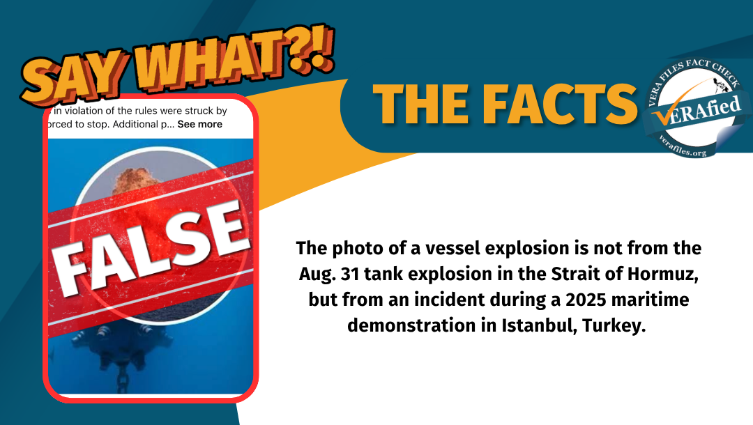 The photo of a vessel explosion is not from the Aug. 31 tank explosion in the Strait of Hormuz, but from an incident during a 2025 maritime demonstration in Istanbul, Turkey.
