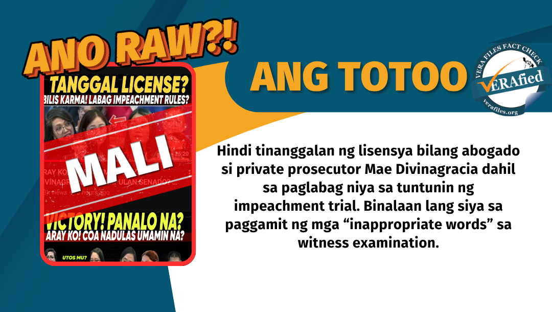 FACT CHECK: Private prosecutor Mae Divinagracia NOT disbarred for violating impeachment rules