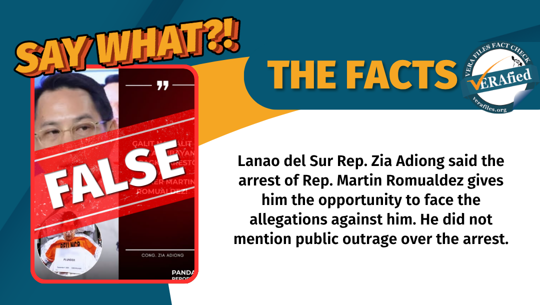Lanao del Sur Rep. Zia Adiong said the arrest of Rep. Martin Romualdez gives him the opportunity to face the allegations against him. He did not mention public outrage over the arrest.