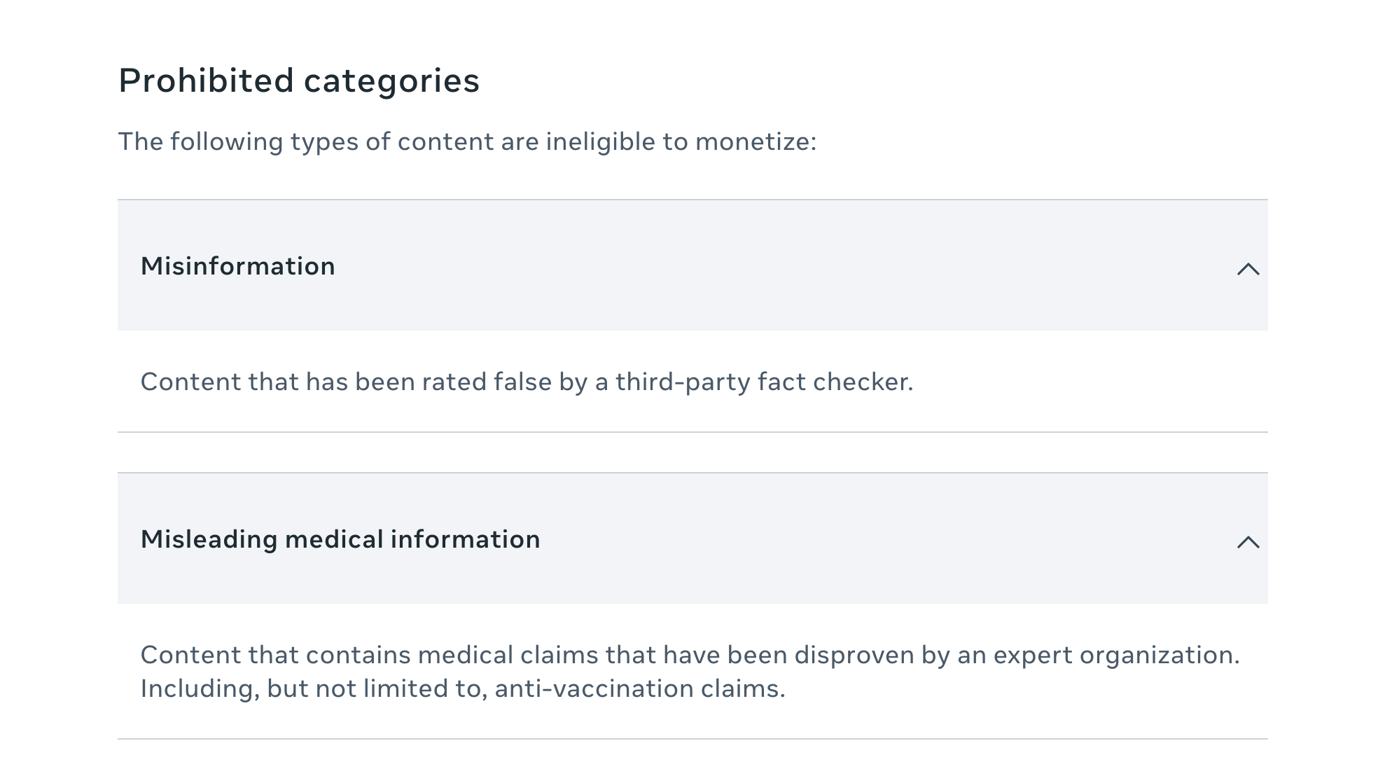 Under the Content Monetization policy, a creator is not eligible for monetization if any of their content has been flagged by fact-checkers. Screenshot from Meta’s website.