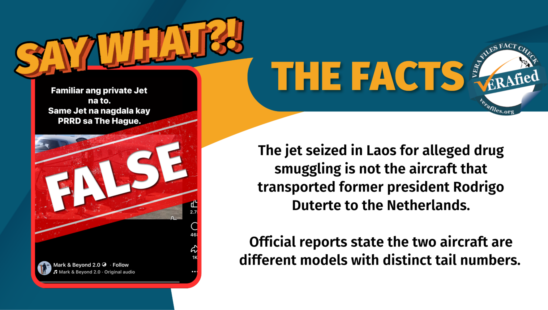 The jet seized in Laos over alleged drug smuggling is not the aircraft that transported former president Rodrigo Duterte to the Netherlands. Official reports state the two aircraft are different models with distinct tail numbers. 