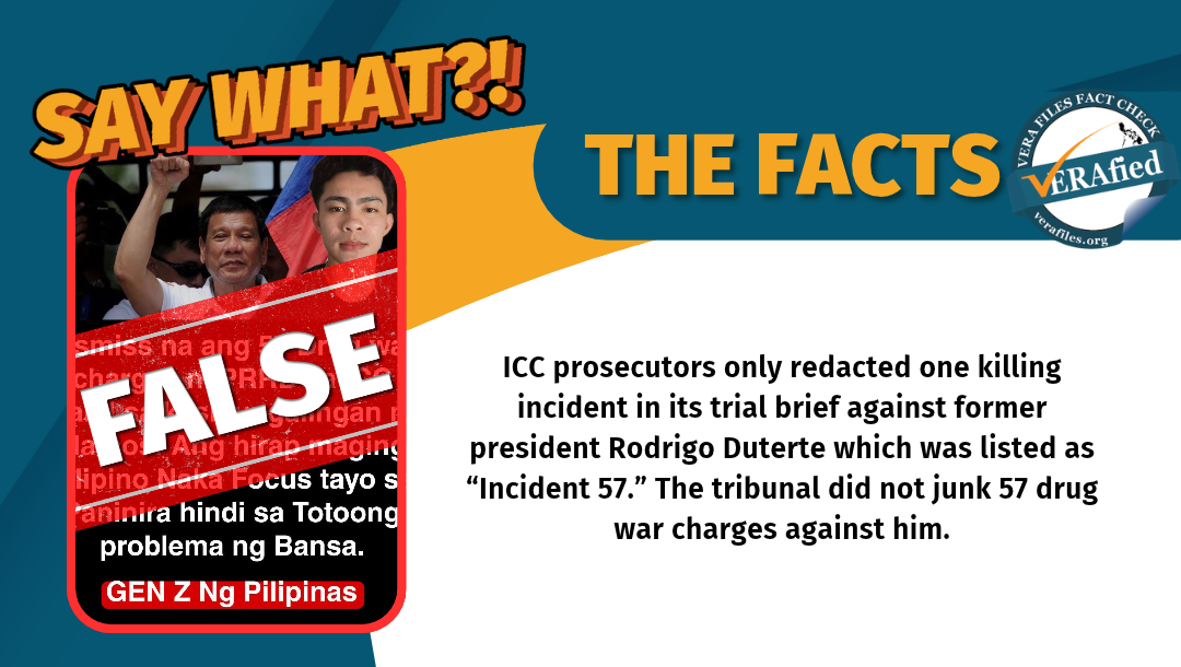 ICC prosecutors only redacted one killing incident in its trial brief against former president Rodrigo Duterte which was listed as “Incident 57.” The tribunal did not junk 57 drug war charges against him.