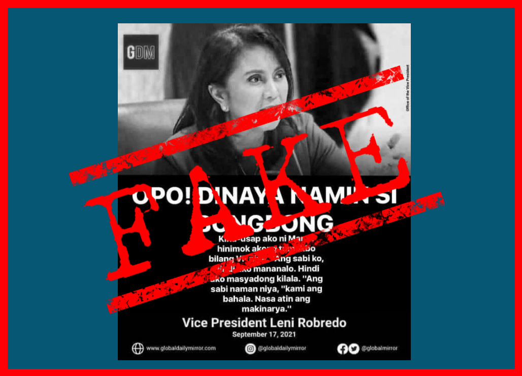 VERA FILES FACT CHECK: Robredo quote card on 2016 election cheating is FAKE