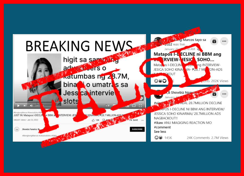 VERA FILES FACT CHECK: ‘P28.7M ad loss’ after Marcos skipped Jessica Soho interview NOT TRUE