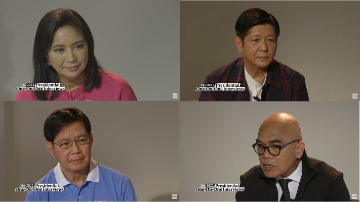 Screengrabs by Bryan Manalang from The 2022 Presidential One-On-One Interviews. From left to right, Vice President Leni Robredo, Ferdinand Marcos, Jr., Sen. Panfilo Lacson and Boy Abunda. 