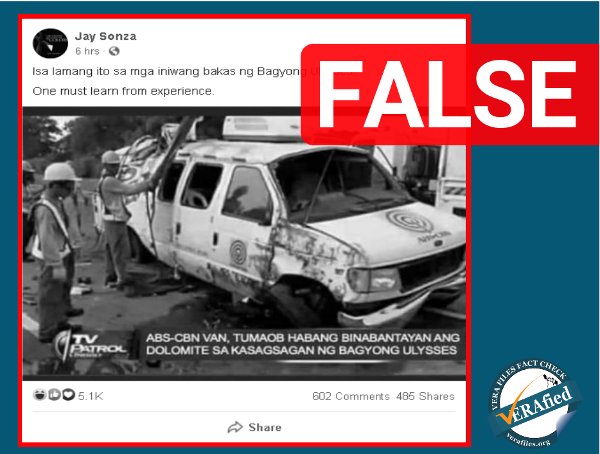 VERA FILES FACT CHECK: Jay Sonza, FB users kinalat ang dinoktor na 10-taong litrato ng ABS-CBN van habang rumaragasa ang ‘Ulysses’