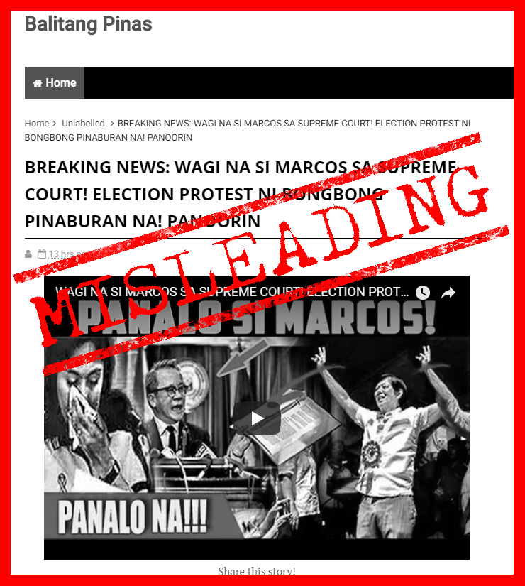 VERA FILES FACT CHECK: Website MISLEADS with outdated story on Bongbong’s electoral protest