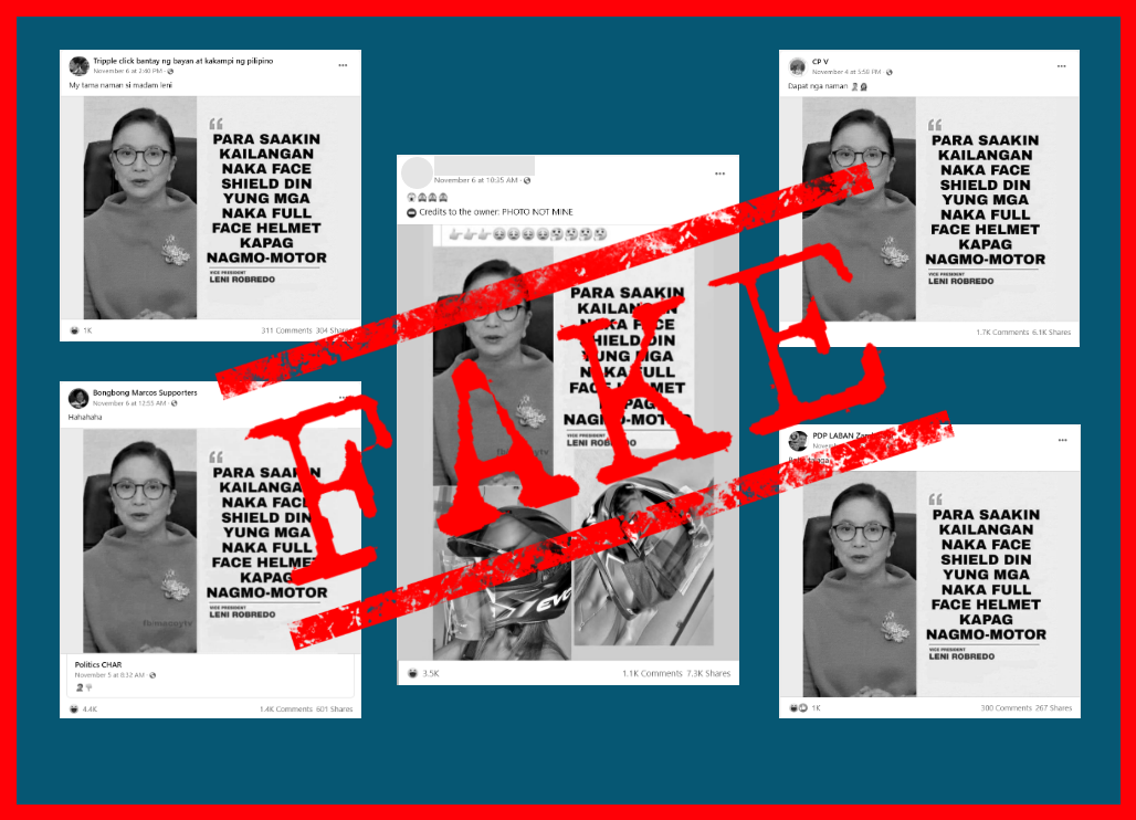 VERA FILES FACT CHECK: FB pages, groups spread FAKE Robredo quote card on face shields