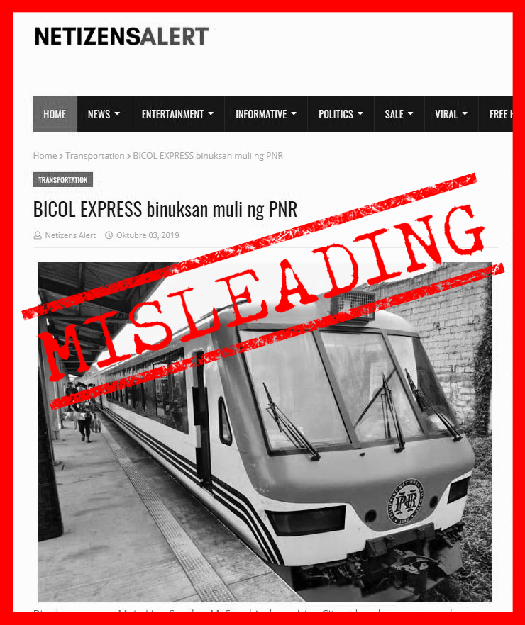 ​VERA FILES FACT CHECK: Report claiming PNR Bicol Express has reopened MISLEADING