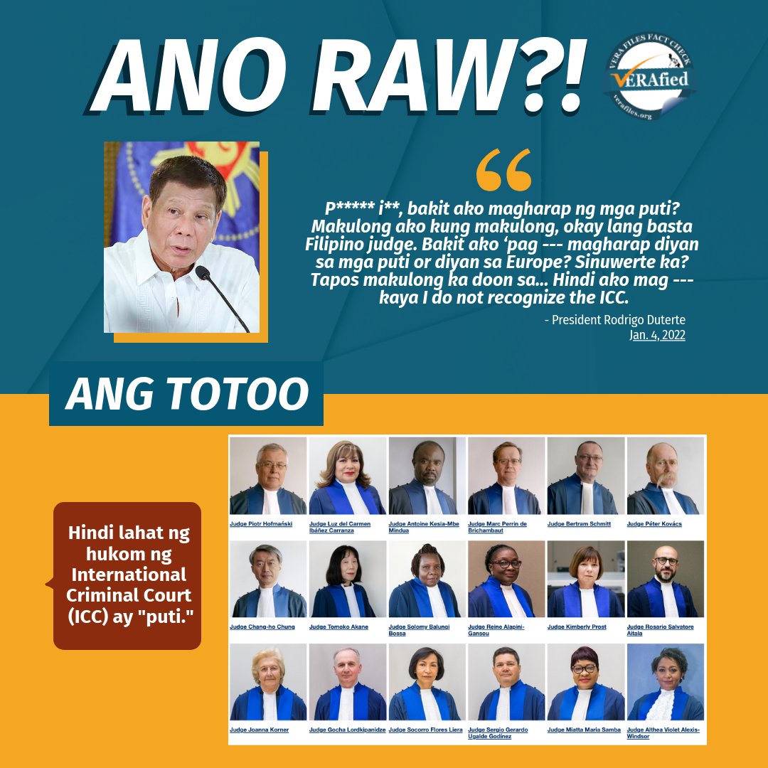 ANO RAW infographic: Duterte inulit ang maling pahayag na lahat ng mga hukom ng ICC ay 'puti'