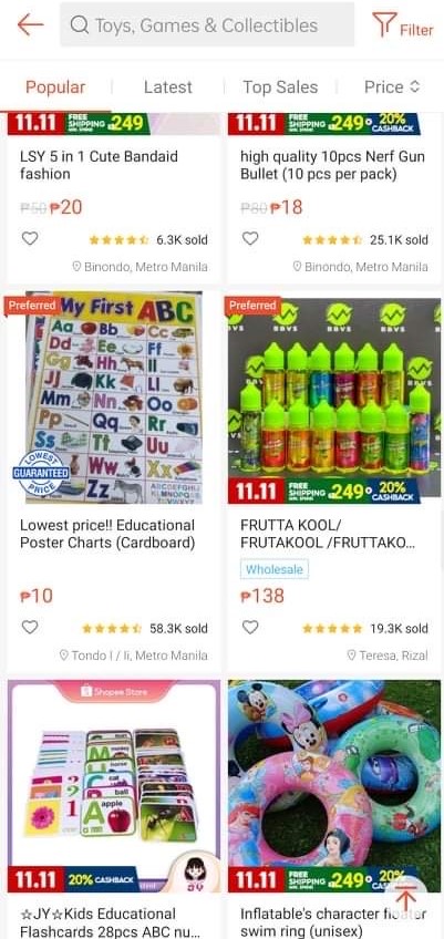 Screengrab of an e-juice product categorized under the toys, games and collectibles on Shopee