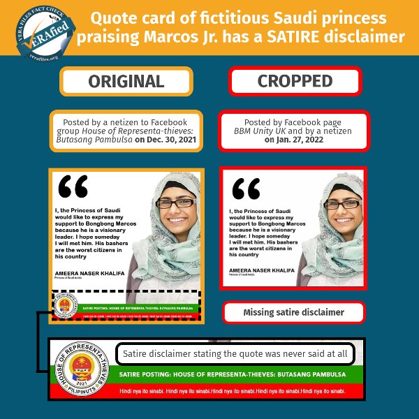 Quote card of fictitious Saudi princess praising Marcos Jr. has a SATIRE disclaimer