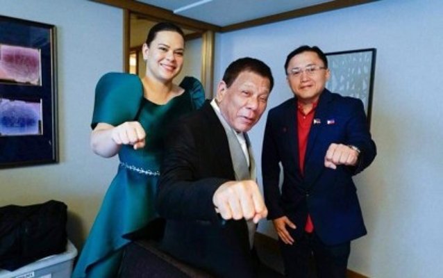 Former president Rodrigo Duterte with daughter Vice President Sara and Sen. Bong Go in a 2019 photo when they attended the enthronement of Japanese Emperor Naruhito. Malacañang photo