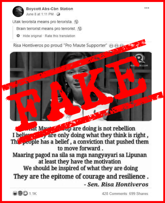 VERA FILES FACT CHECK: Old, FAKE quote card on Hontiveros ‘defending’ Maute group revived