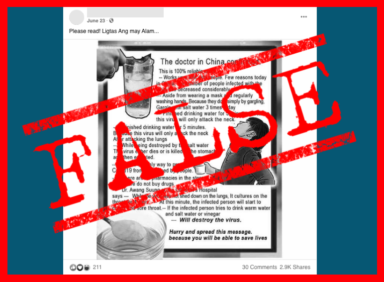 VERA FILES FACT CHECK: Netizens recycle FALSE claim on water and salt, vinegar mixtures as COVID-19 cure