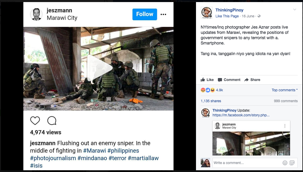 VERA FILES FACT CHECK: Did photojournalist Jes Aznar post live update of military operations in Marawi?