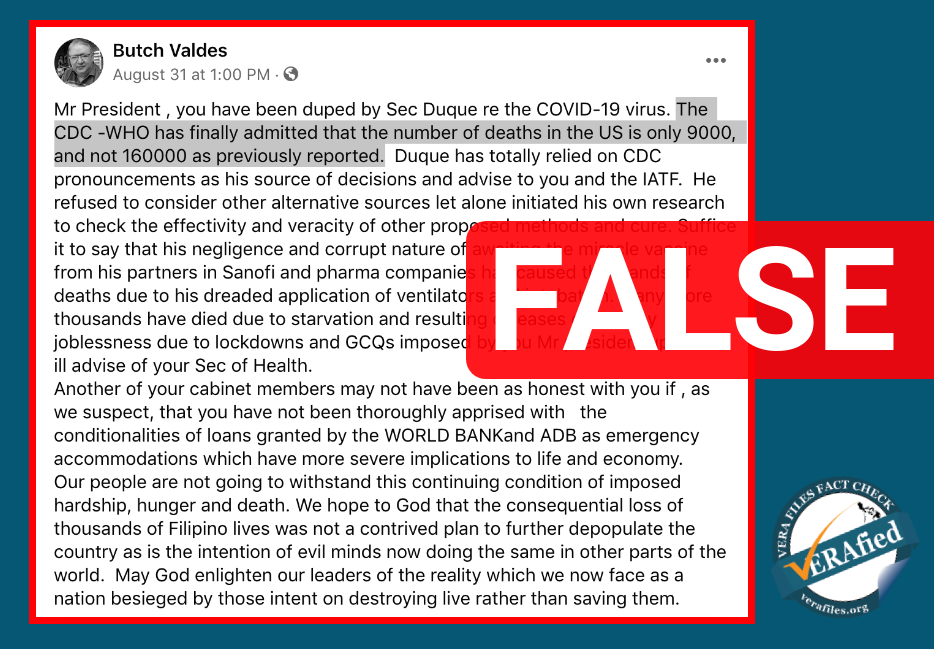 VF Fact Check: Ex-education usec echose viral false claim on 'cut' in US COVID-19 deaths. Image of Valdes Facebook post. 