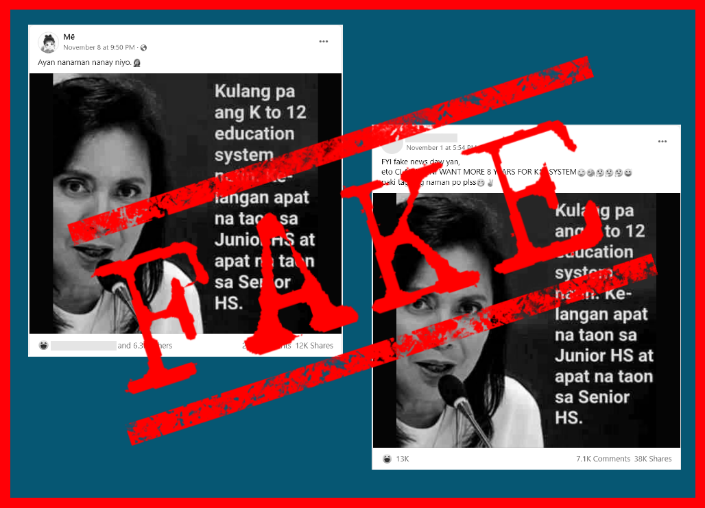 VERA FILES FACT CHECK: Robredo quote card saying K to 12 needs two more years is FAKE