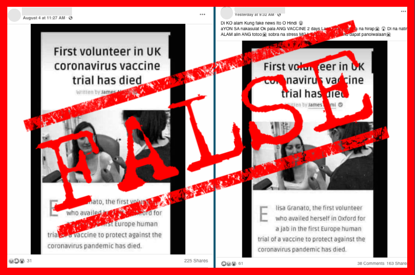 VERA FILES FACT CHECK: Netizens revive HOAX on ‘death’ of UK coronavirus vaccine trial volunteer