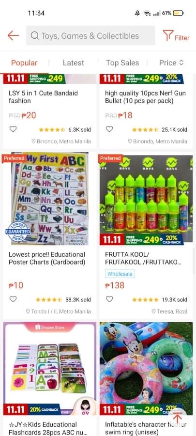 Screengrab of an e-juice product categorized under the toys, games and collectibles on Shopee