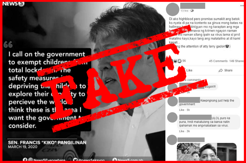 VERA FILES FACT CHECK: Post on Kiko Pangilinan asking gov’t to exempt kids from ‘total lockdown’ NOT TRUE